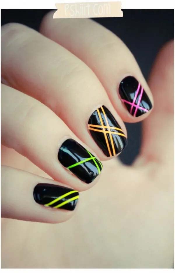26. Neon Stripes On Black Base Nails #blacknails #beauty #trendypins