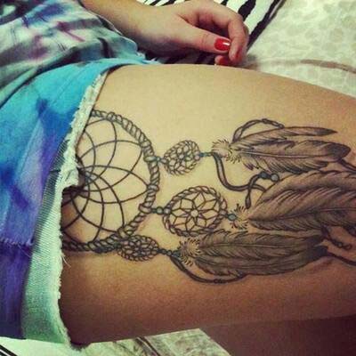 Nice Grey Ink Dreamcatcher Tattoo On Side Thigh #trendypins