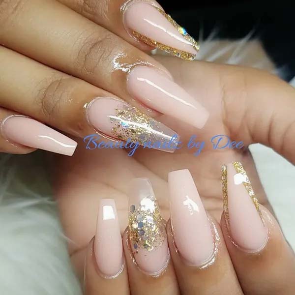 24. Nude Pink Nail Design With Gold Sparkles #acrylicnails #beauty #trendypins