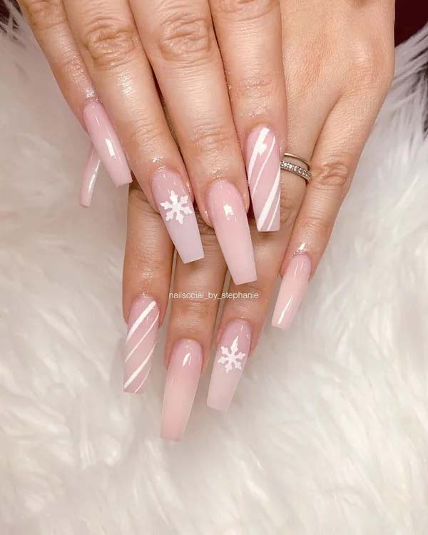 25. Nude Pink Nail Design With Snowflake #acrylicnails #beauty #trendypins