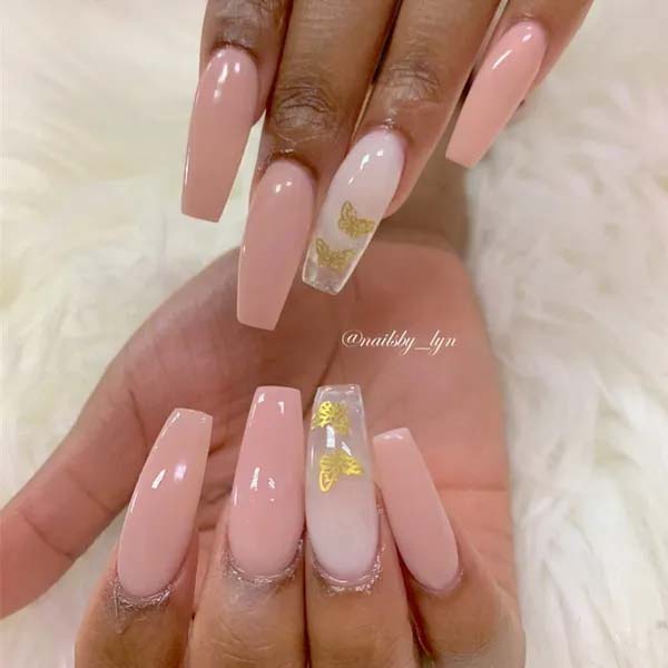 27. Pink And White Nails With Gold Butterfly Stickers #acrylicnails #beauty #trendypins