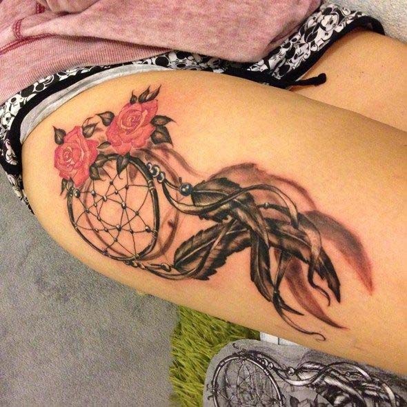 Pink Roses And Dreamcatcher Tattoo On Thigh #trendypins