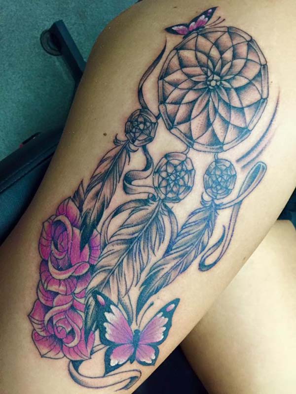 Purple Flowers And Dreamcatcher Tattoo On Side thigh #trendypins