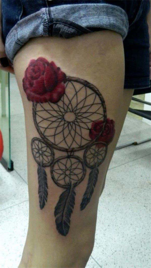 Red Roses And Dreamcatcher Tattoo On Thigh #trendypins