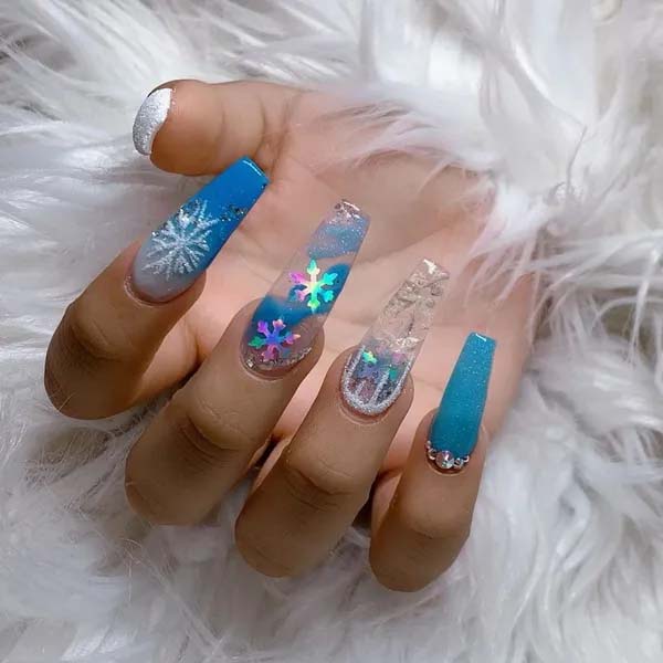 34. Snowflake Nail Design With Glitter Design #acrylicnails #beauty #trendypins
