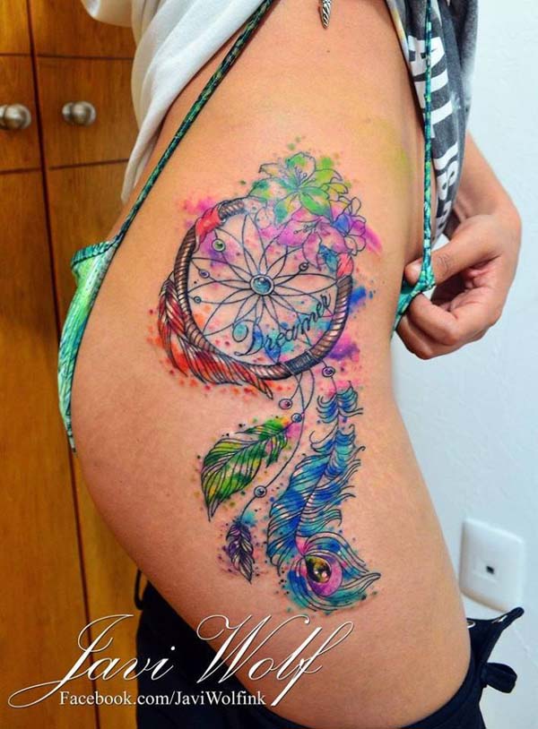 Watercolor Dreamcatcher Tattoo On Side Thigh by Javi Wolf #trendypins