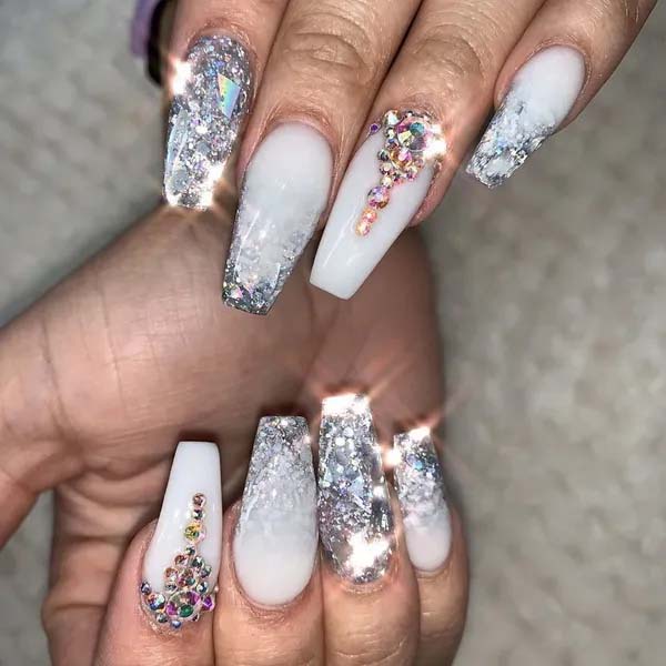 43. White Nails With Gems #acrylicnails #beauty #trendypins
