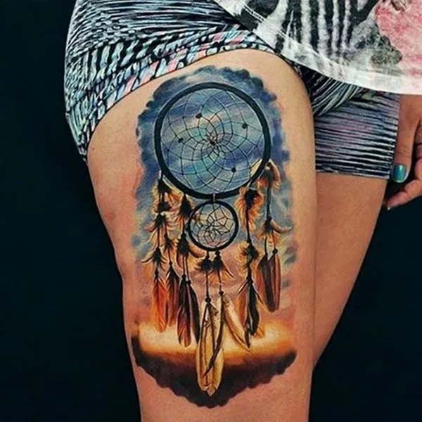 Beautiful Color Dream Catcher Thigh Piece #tattoo #dreamcatcher #trendypins