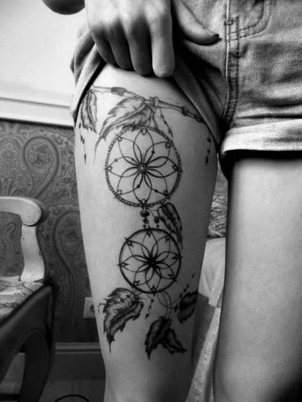 Black and Grey Dreamcatcher Tattoo on the Thigh #tattoo #dreamcatcher #trendypins