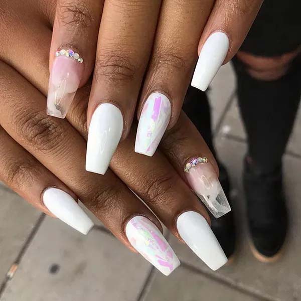 Coffin White Nails and Pink Transparent Details #coffinnails #whitenails #trendypins