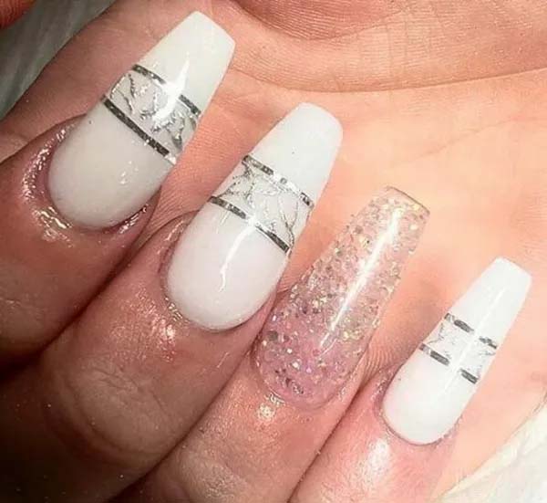 Coffin White Nails and Silver Ribbons #coffinnails #whitenails #trendypins