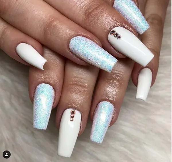 Coffin White Nails with Blue Accents #coffinnails #whitenails #trendypins