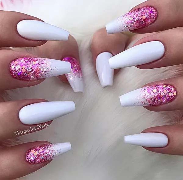 Coffin White Nails with Pink Glitter #coffinnails #whitenails #trendypins