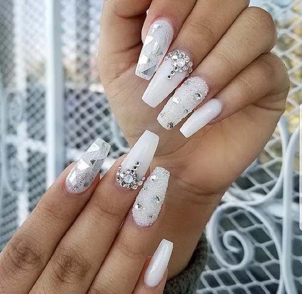 Coffin White Nails with Silver Glitter #coffinnails #whitenails #trendypins