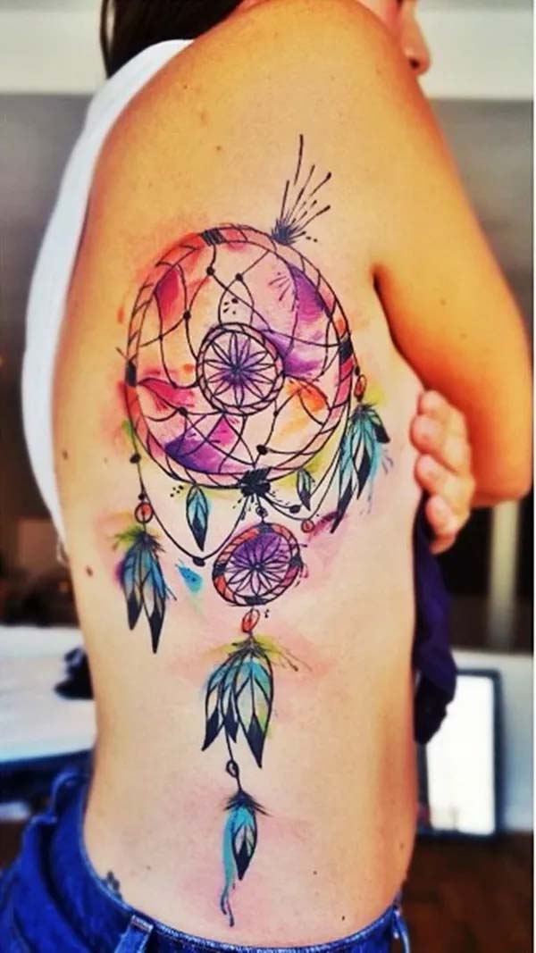 Colorful Watercolor Dream Catcher Tattoo on the Side Back #tattoo #dreamcatcher #trendypins
