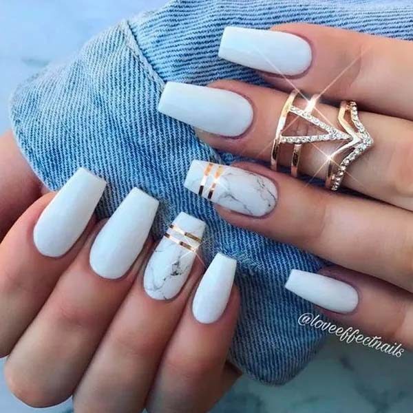 Gold Bands with a White Marble Background #coffinnails #whitenails #trendypins
