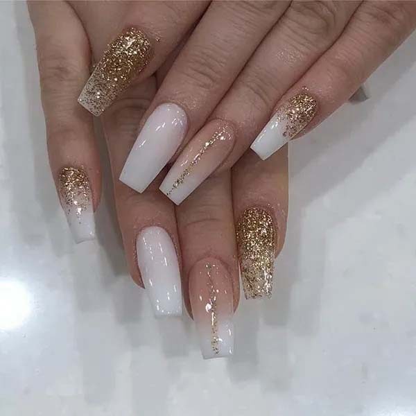 Gold Dust White and Gold Accent Nails #coffinnails #whitenails #trendypins