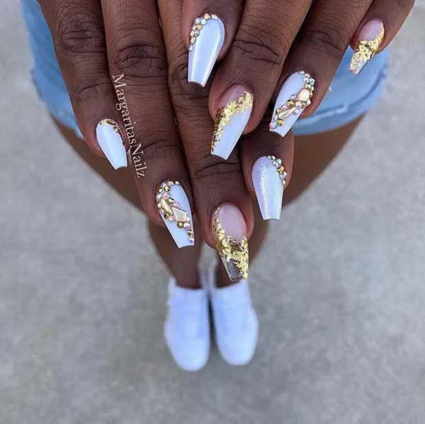 Gold Glitter and White #coffinnails #whitenails #trendypins