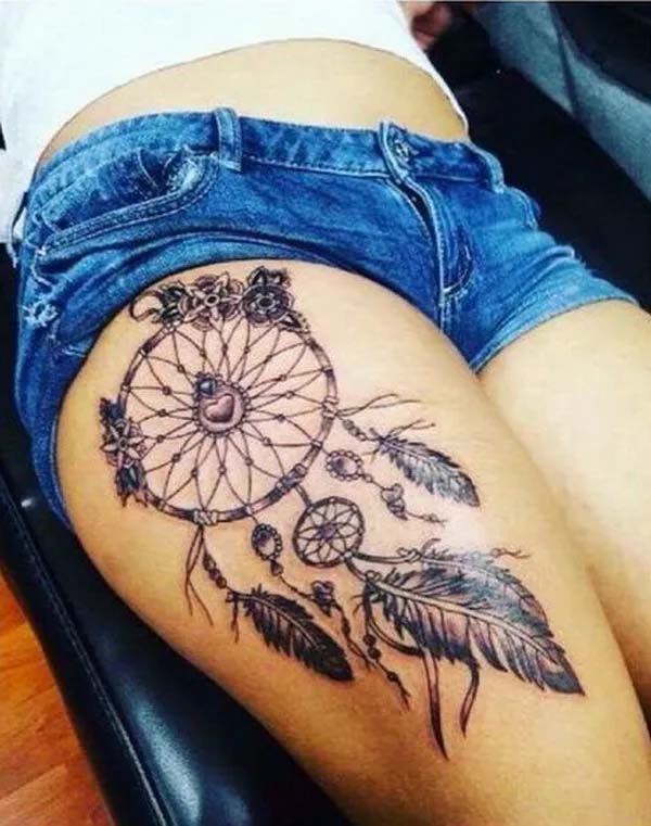 Large Dreamcatcher Tattoo on the Thigh #tattoo #dreamcatcher #trendypins