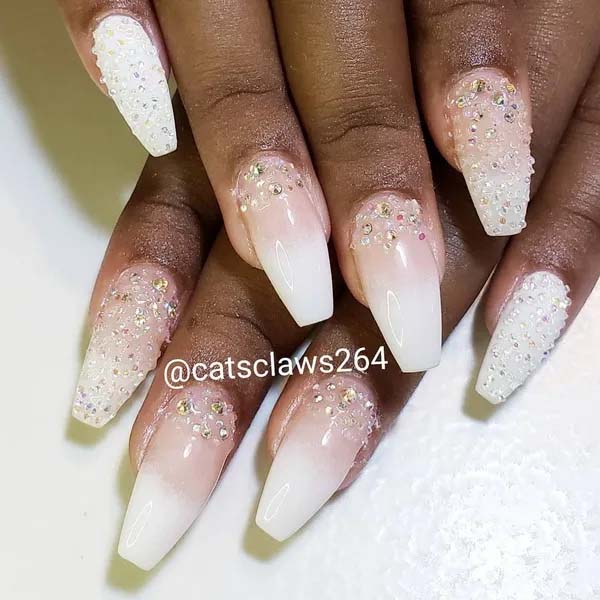 Multicolored Jeweled Accent Coffin White Nails #coffinnails #whitenails #trendypins