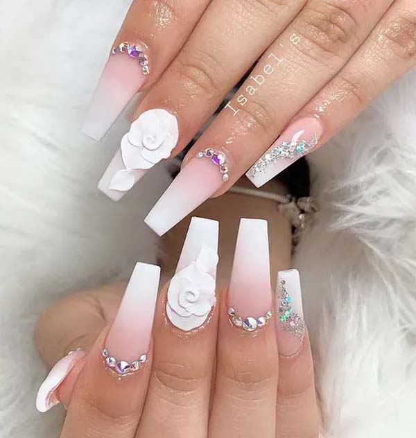 Ombre Coffin White Nails with Floral Accents #coffinnails #whitenails #trendypins