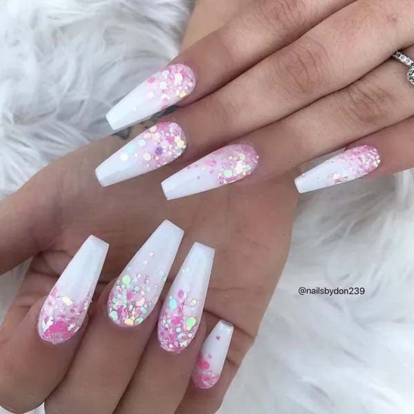 Pink Confetti Coffin White Nails #coffinnails #whitenails #trendypins