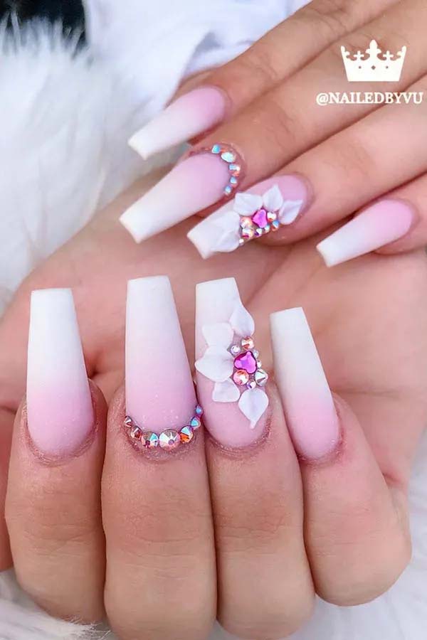 Pink Ombre Coffin White Nails and Floral Accent #coffinnails #whitenails #trendypins