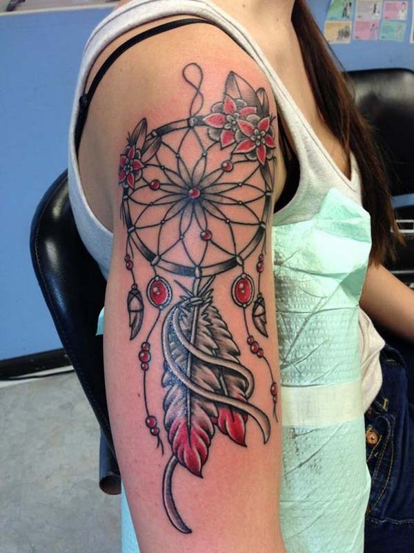 Red Black Arm Dreamcatcher Tattoo Design #tattoo #dreamcatcher #trendypins