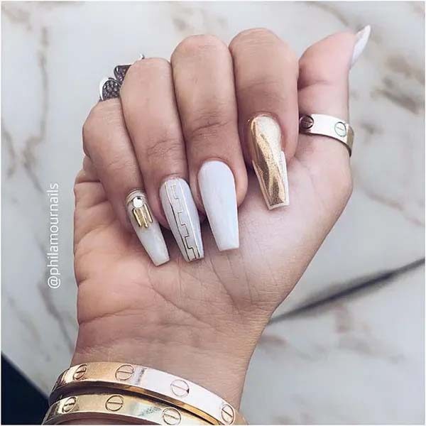 Shiny Gold Over the Coffin Shape White Nails #coffinnails #whitenails #trendypins