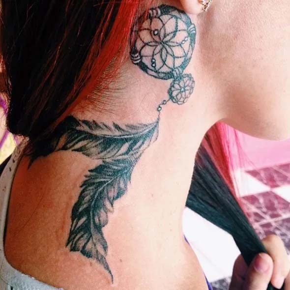 small dreamcatcher tattoo design behind ear