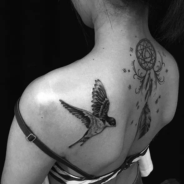 small dreamcatcher tattoo design for women on back