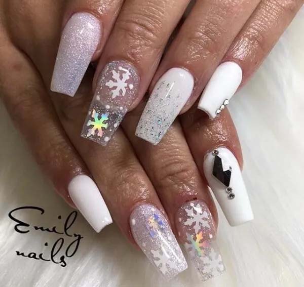 White Nails and Rainbow Snowflakes #coffinnails #whitenails #trendypins