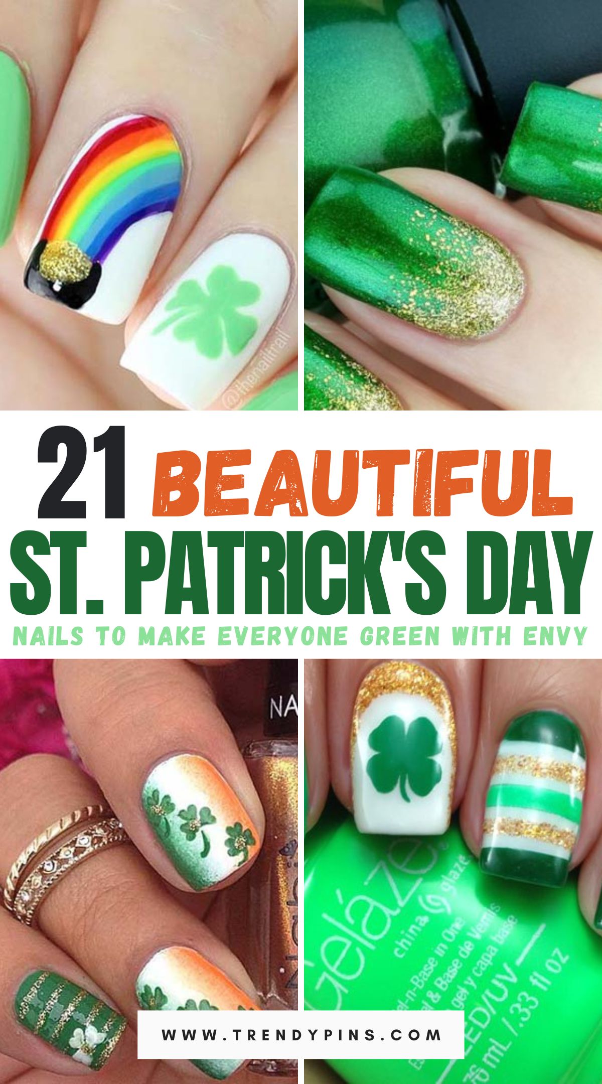 Make everyone green with envy with these 21 St. Patrick's Day nail designs. From shamrock-inspired patterns to glittering gold accents, discover charming nail art ideas that capture the spirit of the holiday and add a festive touch to your look.