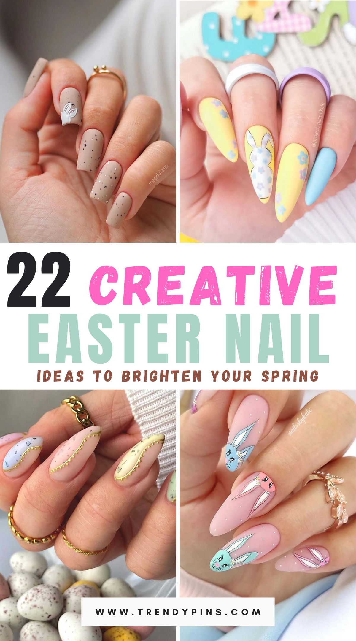 Discover 22 fun and festive Easter nail designs to add a springtime flair to your holiday look. Perfect for a hoppy celebration!