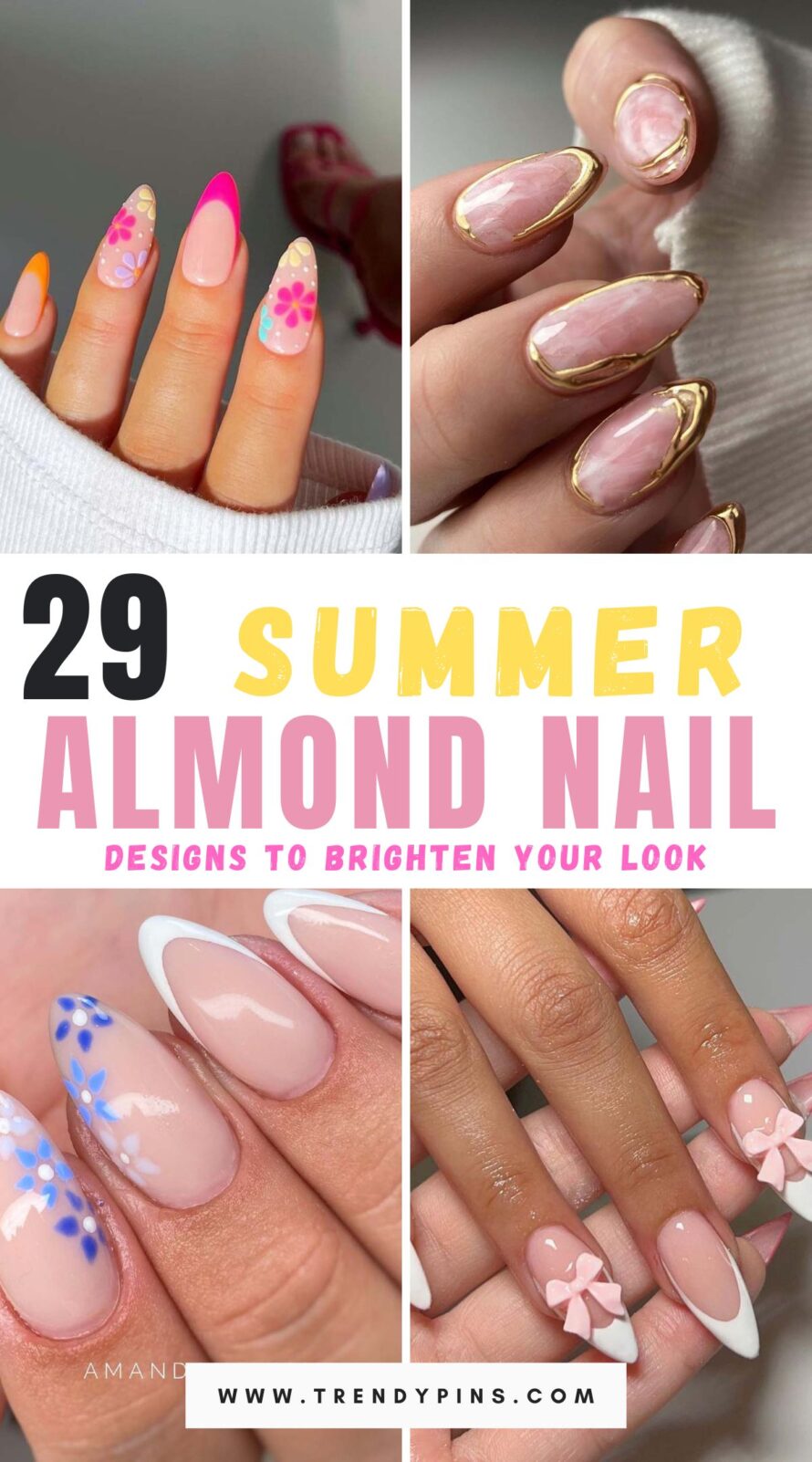 Discover 29 stunning summer almond nail designs to add a touch of brightness to your look. From vibrant colors and floral patterns to glitter accents and ombre effects, these designs are perfect for embracing the sunny season in style. Whether you prefer bold and eye-catching or subtle and sophisticated, these nail designs offer endless inspiration to elevate your summer manicure game.