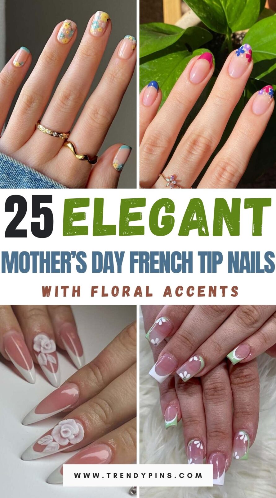 Elegant Mother S Day French Tip Nails With Floral Designs