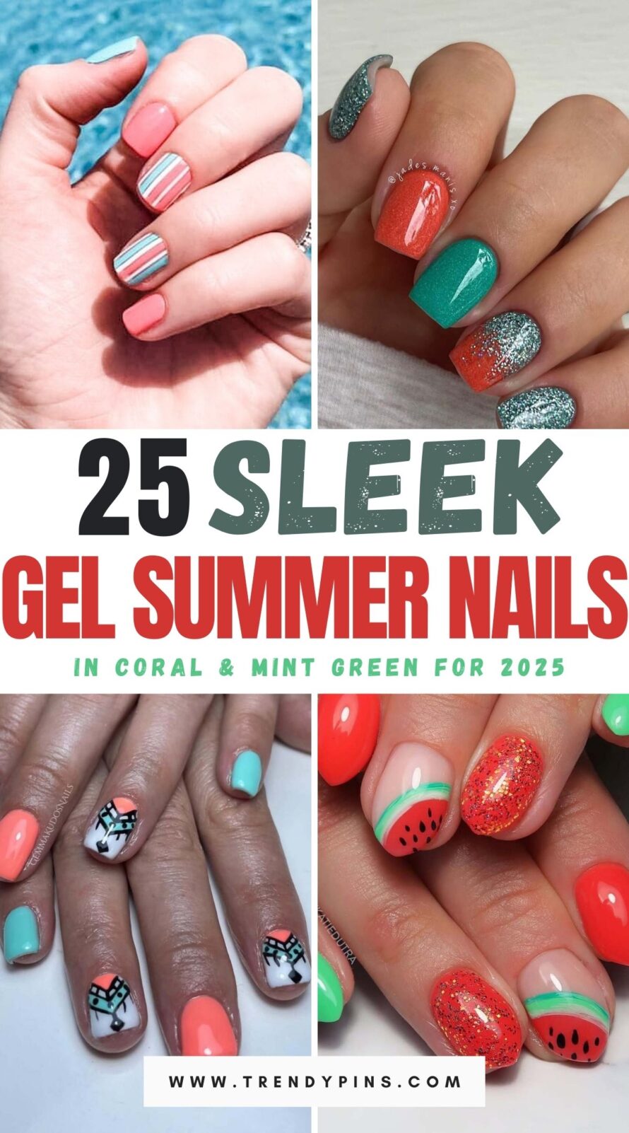 Sleek Gel Nails In Coral And Mint Green For Summer