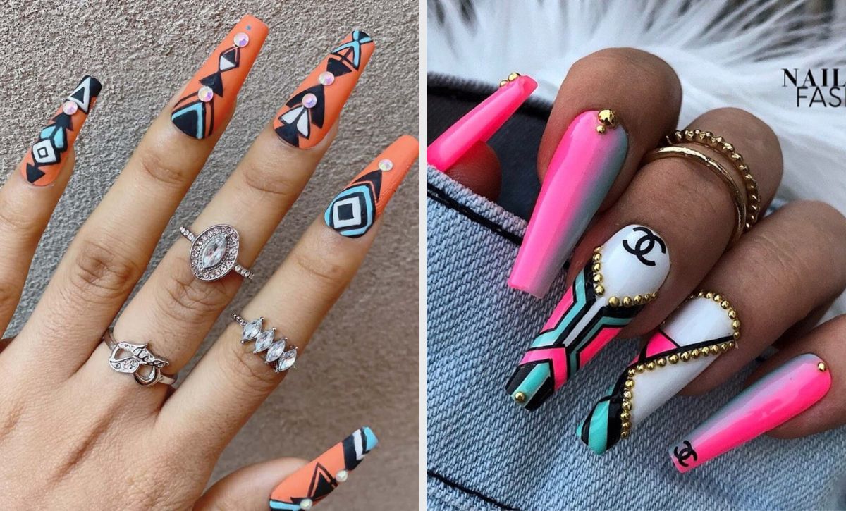27 Bright And Fun Coffin Nails With Neon And Geometric Patterns For Summer