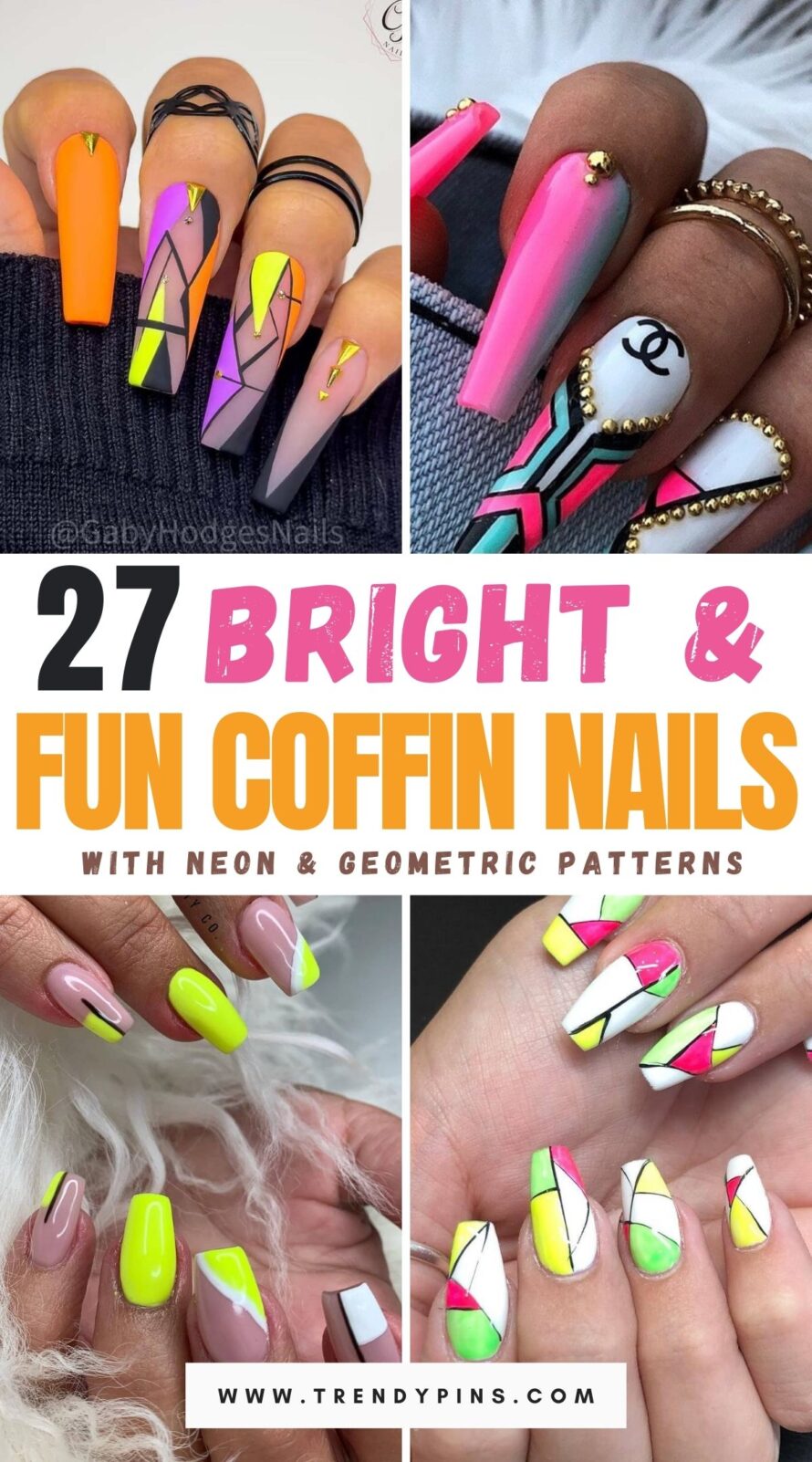 Coffin Nails With Neon And Geometric Patterns