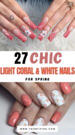 27 Fresh Spring Square Nails In Light Coral And White For A Clean Look 2