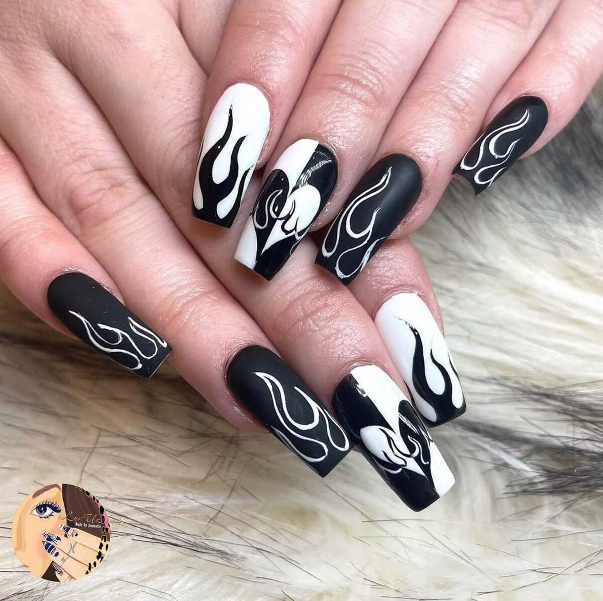 12. Black and White Flame Coffin Nails