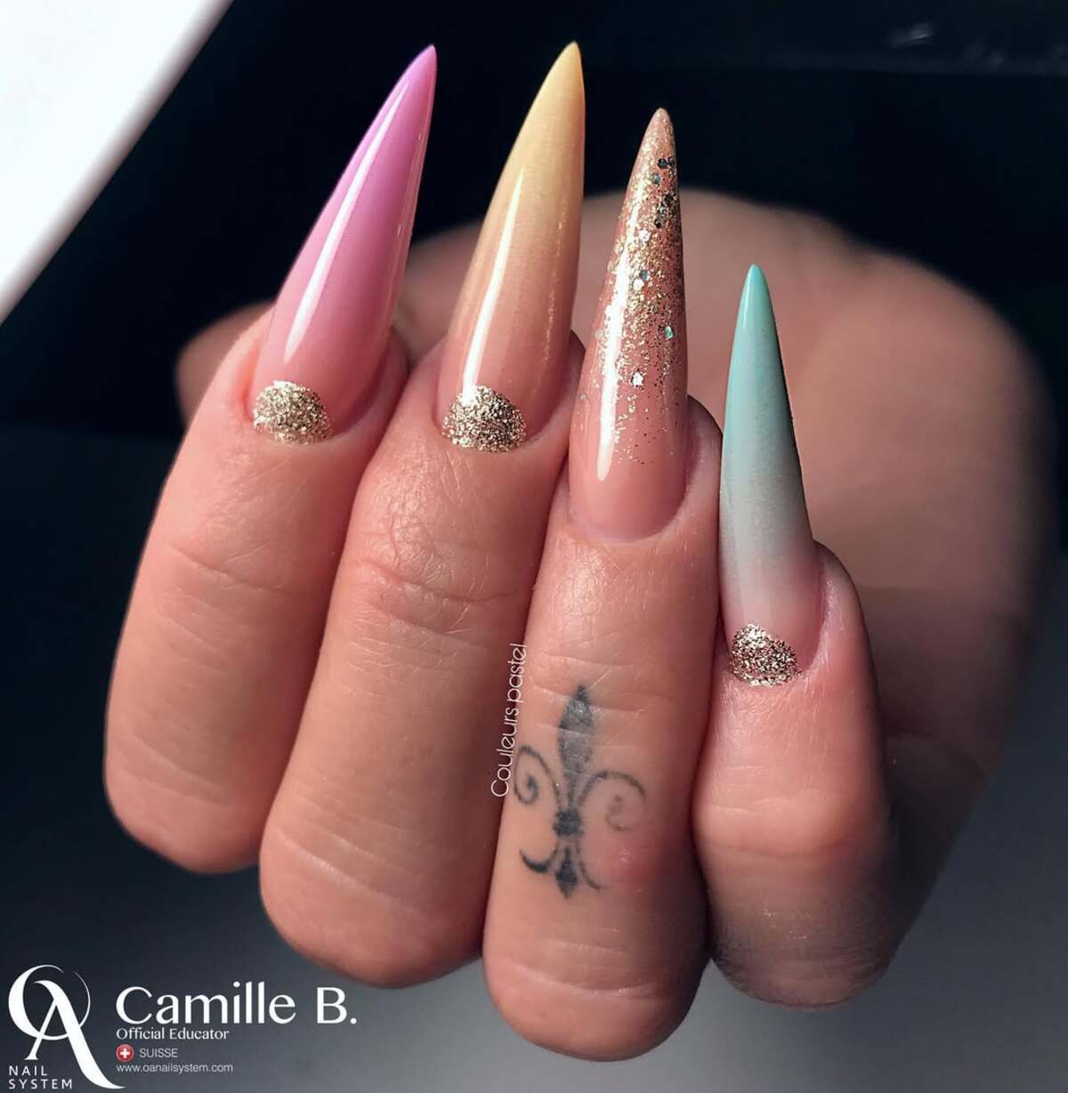 17. Pastel Ombré Stilettos with Gold Accents