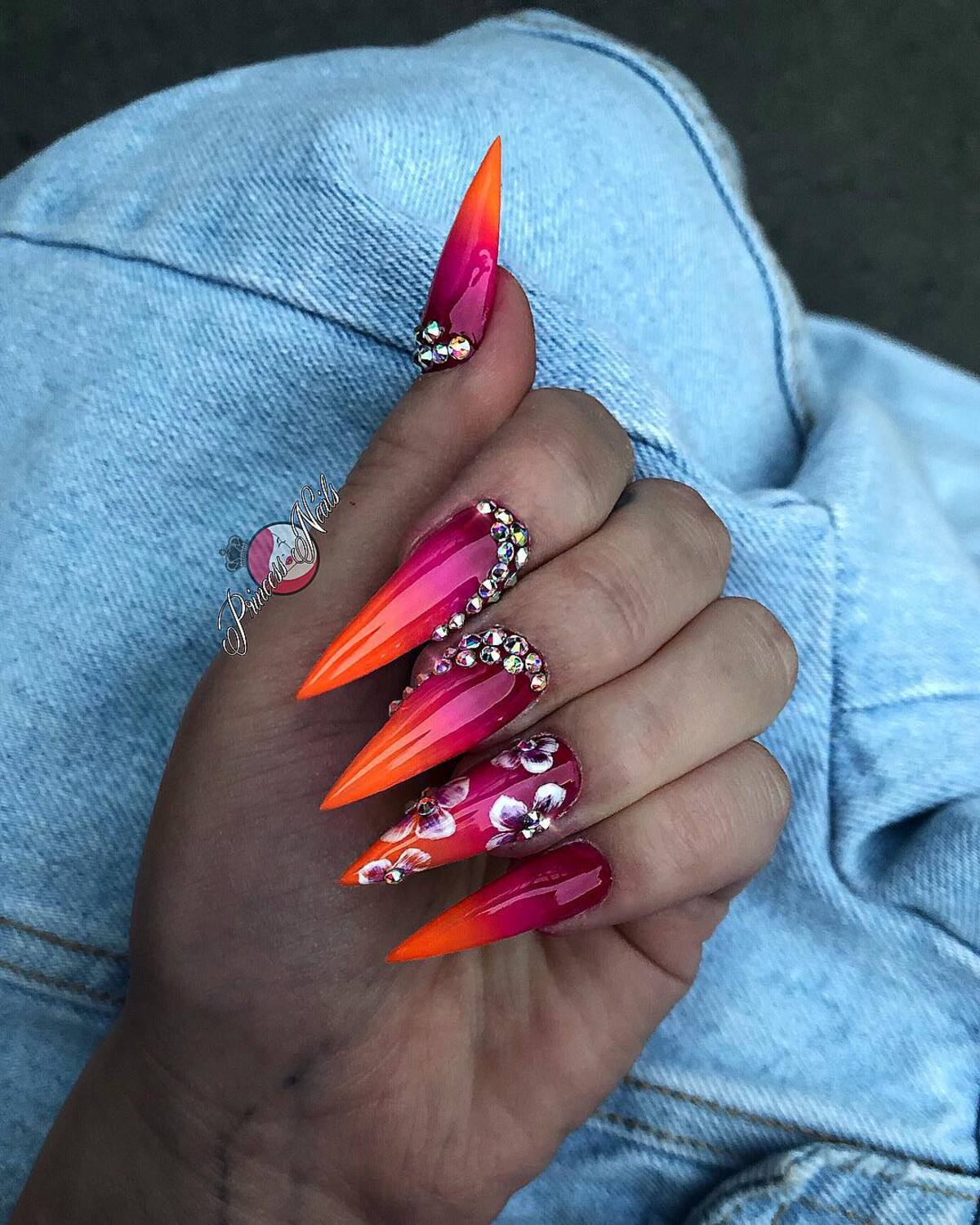 19. Jewel-Encrusted Sunset Ombré Nails