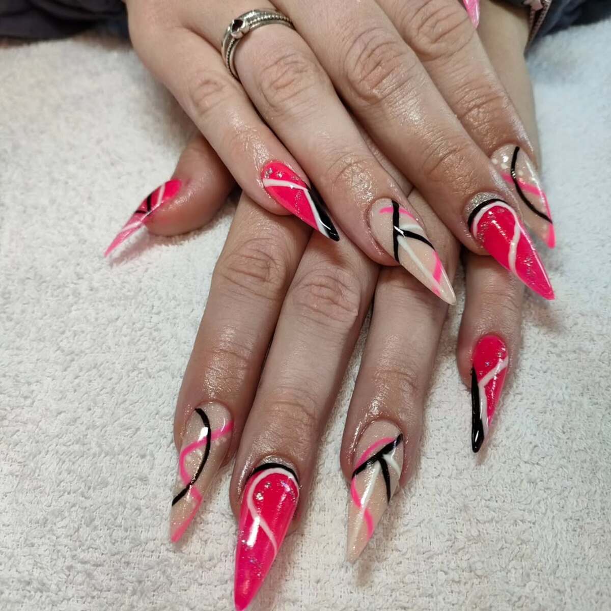 21. Hot Pink and Nude Abstract Stilettos
