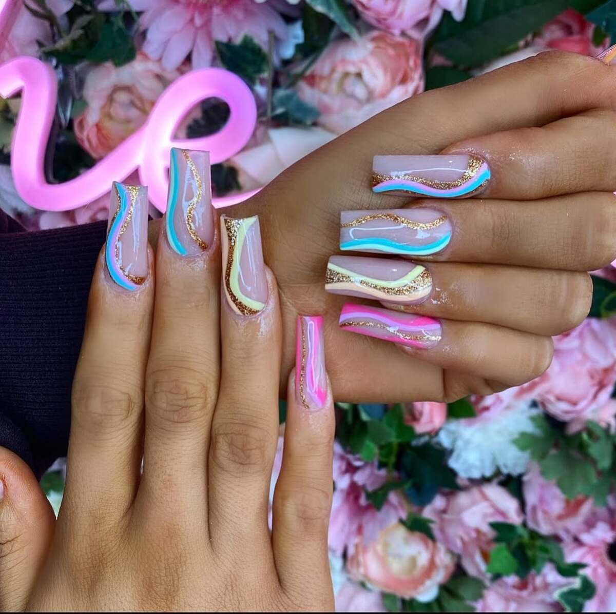 10. Long Nude and Neon Waves with Gold Accents