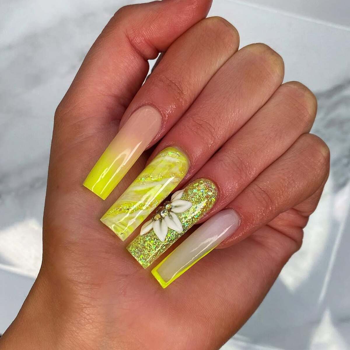 17. Sun-Kissed Yellow with 3D Floral Accents