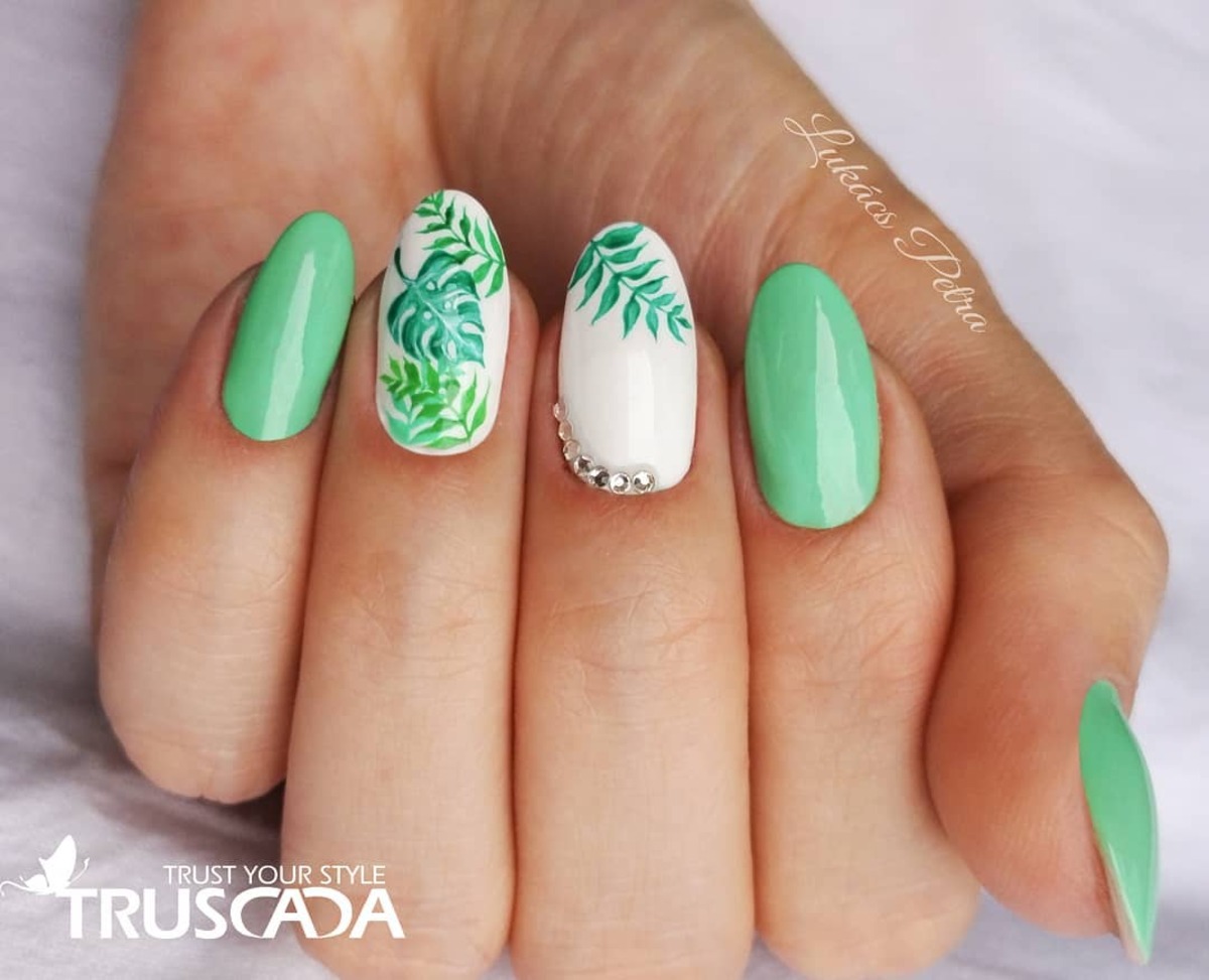 12. Lush Greenery on Almond-Shaped Nails