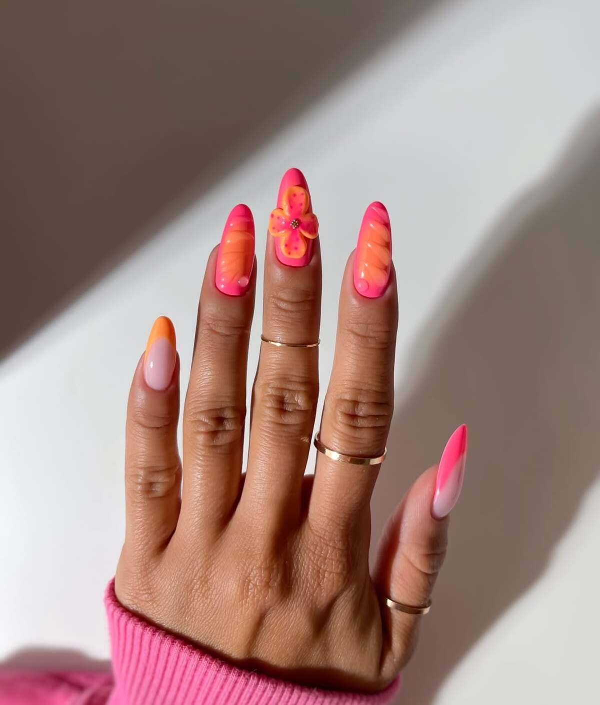 16. Neon Waves with 3D Floral Accents