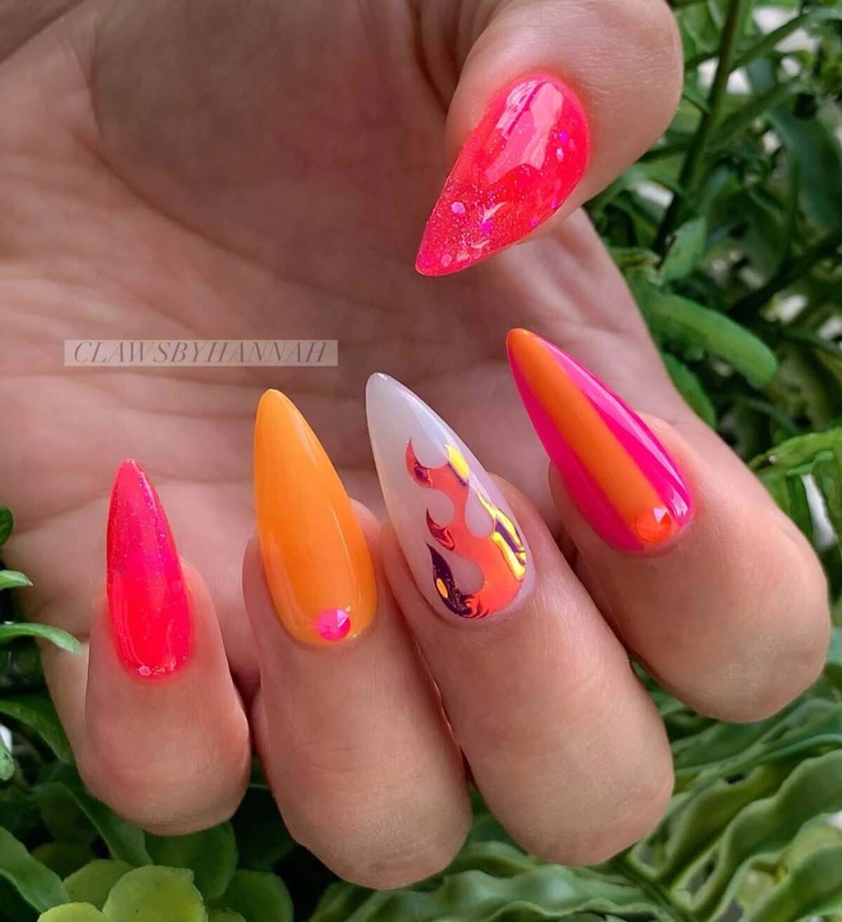 7. Stiletto Neon Flames for a Fiery Finish