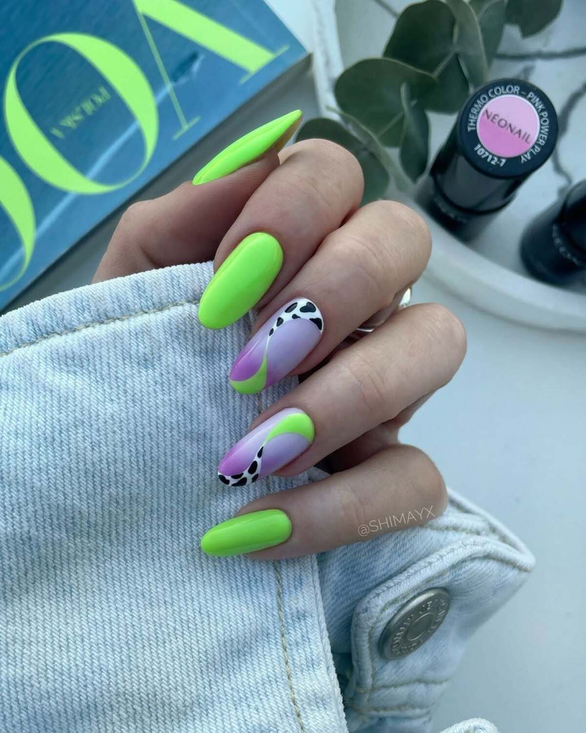 18. Neon Green and Purple with Cow Print Accent